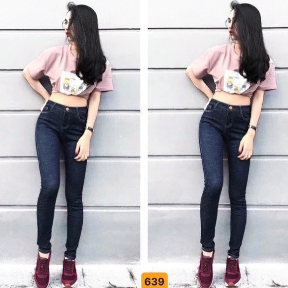Quần jean nữ co giãn, quần bò nữ trơn màu xanh rách 9 tấc dáng ôm body cạp cao nhiều mẫu Bi_shop 173 ms8032
