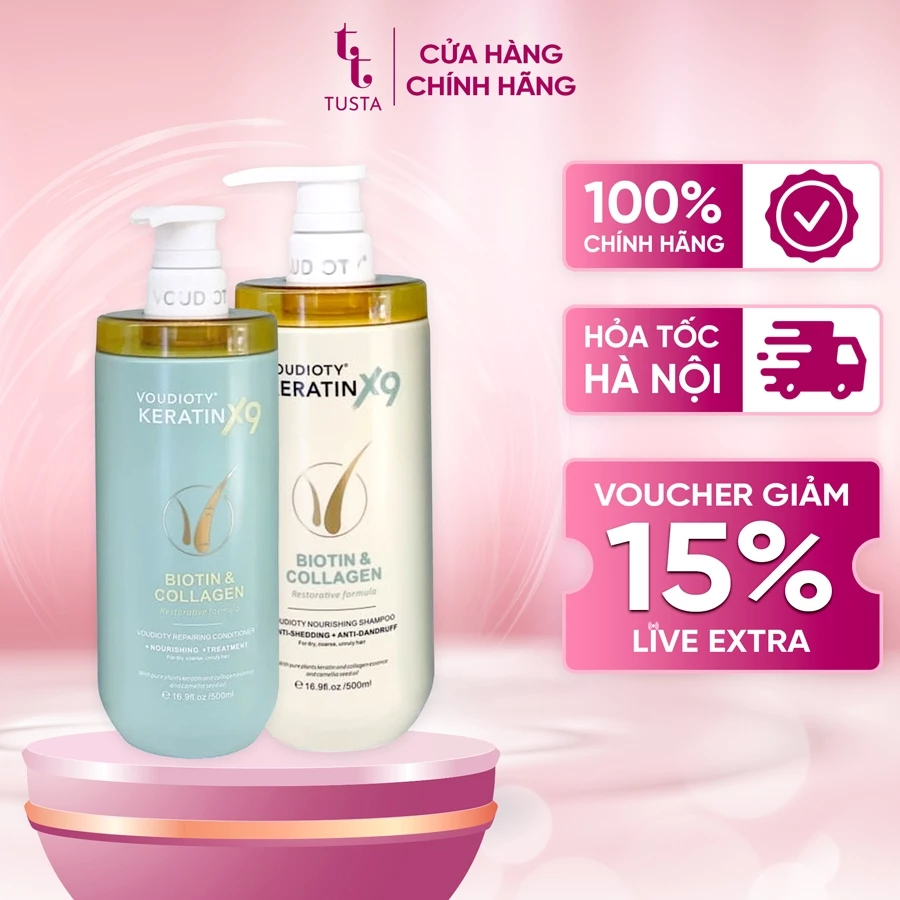 Cặp dầu gội, dầu xả phục hồi tóc hư tổn nặng Voudioty Keratin X9, Dầu gội xả tóc keratin x9 biotin & collagen 500ml