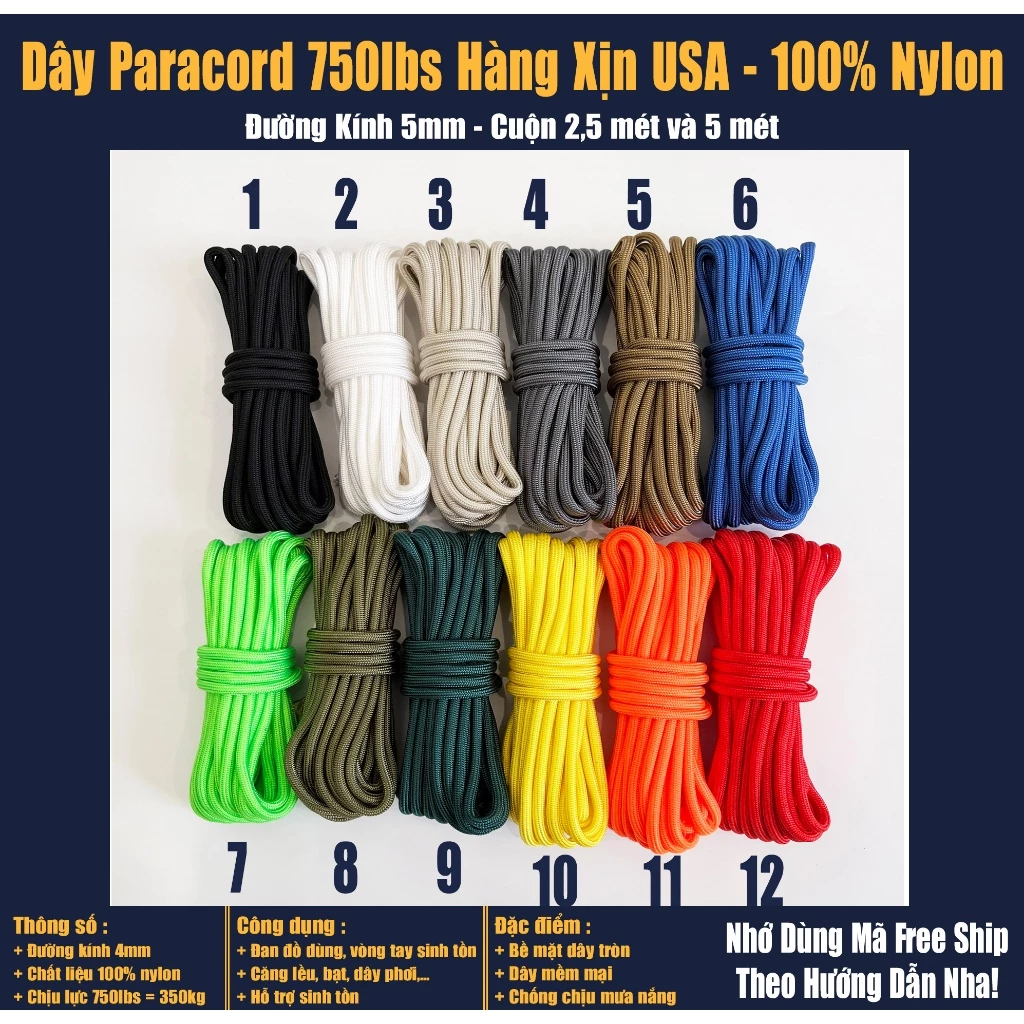 Dây dù Paracord 5mm 750lbs Hàng Xịn USA 100% Nylon