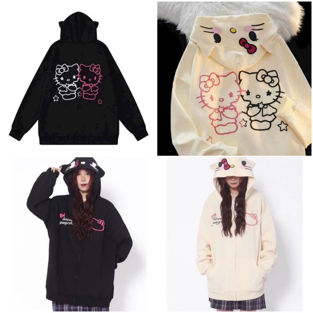 Áo Khoác Mèo Thun Nỉ len Tay Dài Nữ - Áo Hoodie Khoá Kéo Zip Nón Mũ Phối Tai Meo Top Đen Jacket Women Chống Nắng