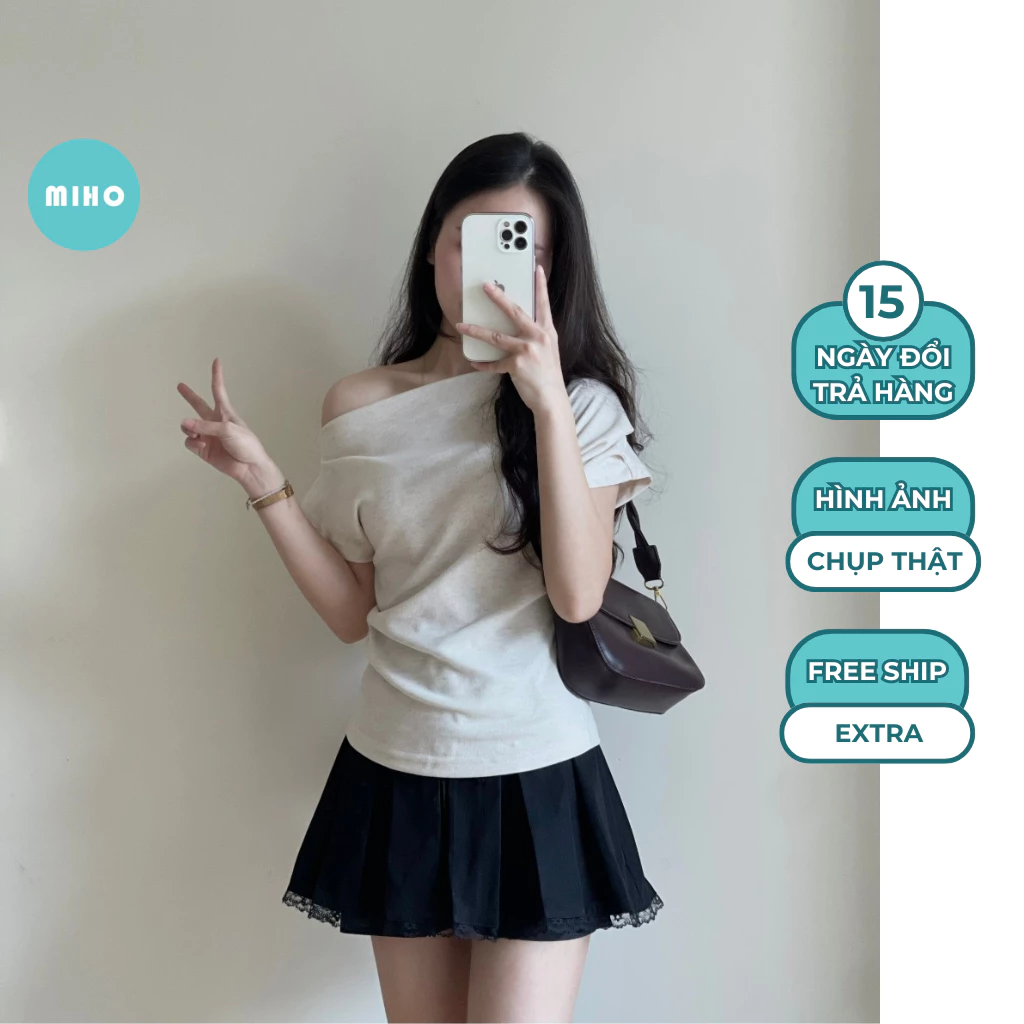 Áo Thun Lệch Vai Xếp Ly, Áo Kiểu  Sườn Nhún Eo Điệu Đà, Áo Phông Form Vừa Chất Vải Co Dãn Mềm Mịn Miho House