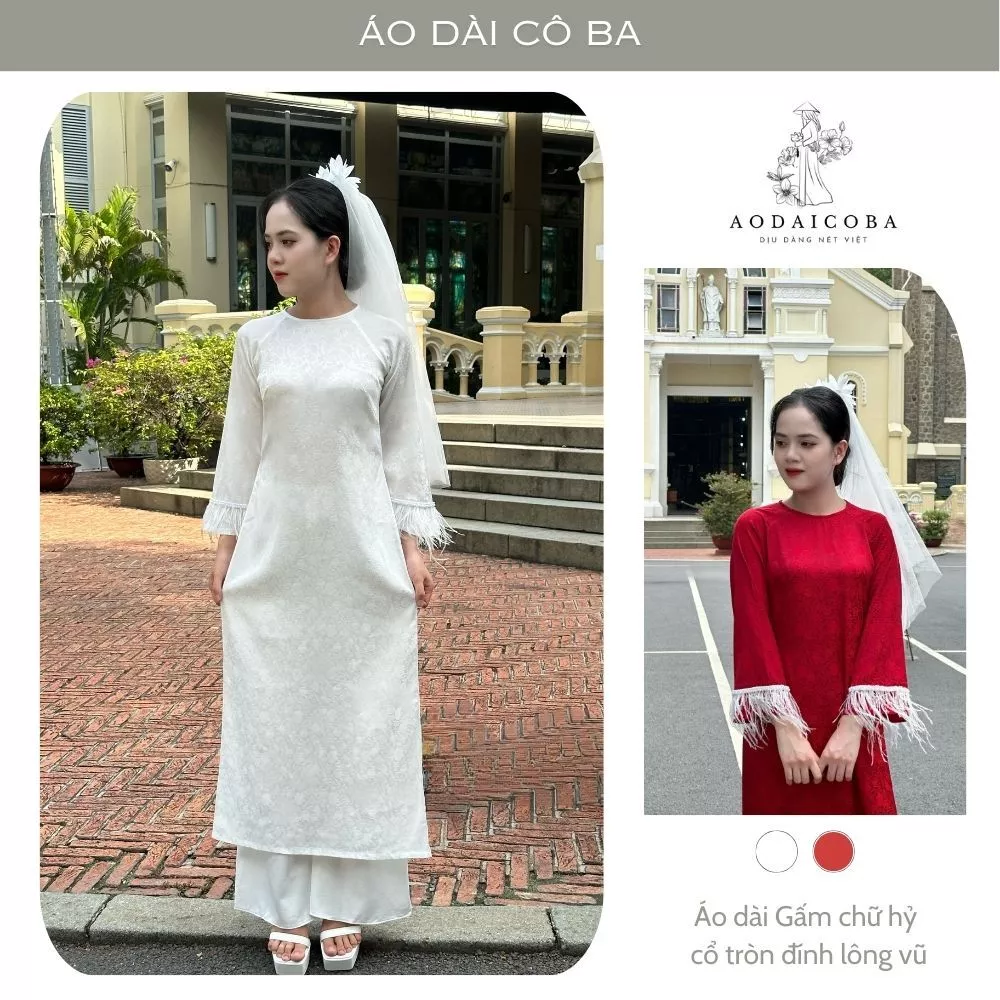 Áo dài cách tân cổ tròn gấm tơ họa tiết chữ hỷ tay lỡ đính lông vũ sang trọng - Áo dài cô ba