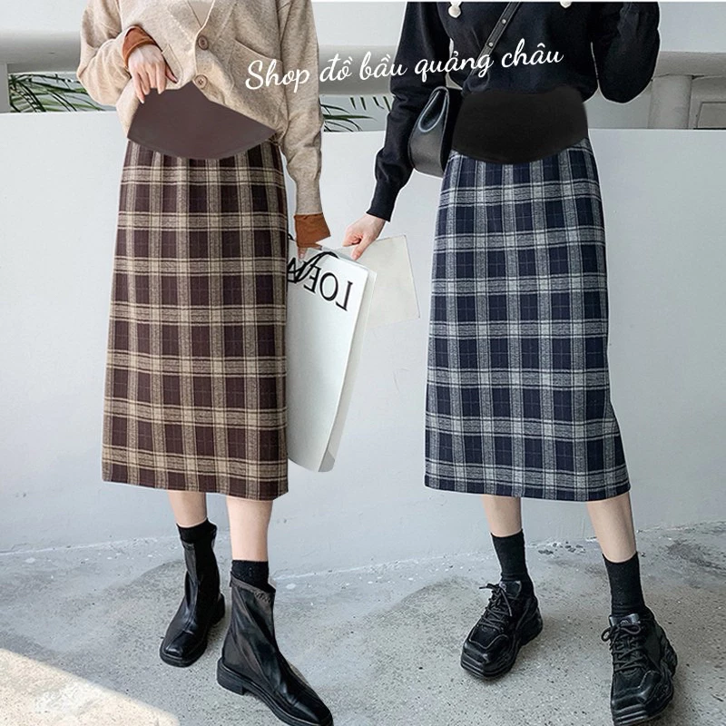 Chân váy bầu, chân váy kẻ sọc xẻ sau dáng dài siêu xinh cho mẹ bầu