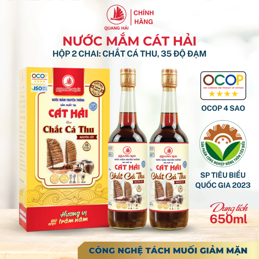 Nước Mắm Chắt Cá Thu Cát Hải Quang Hải 35 Độ Đạm OCOP 5 Sao Quốc Gia - Nước Mắm Truyền Thống Chai 650ml, Hộp 2, Hộp 4