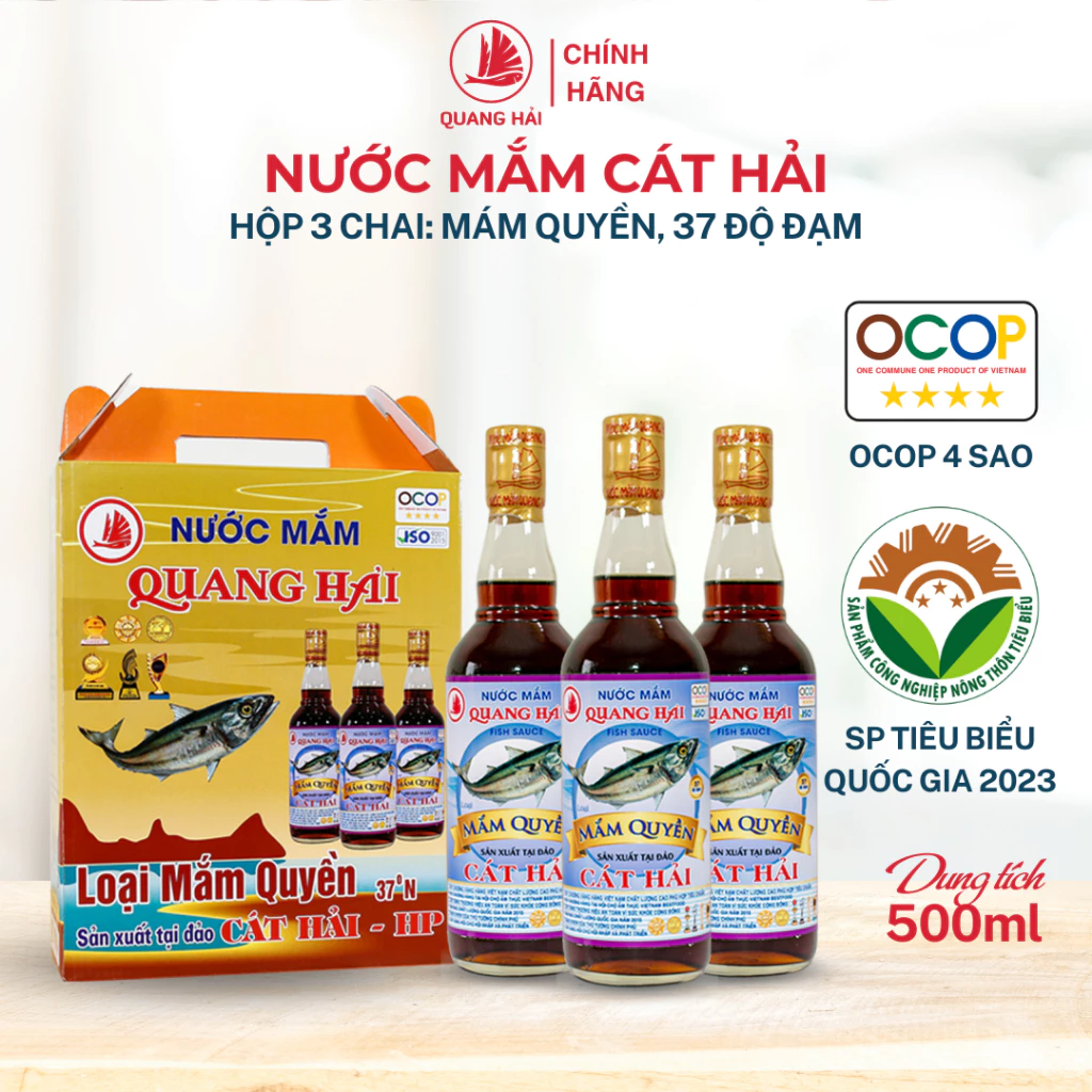 Nước Mắm Quyền Cát Hải Quang Hải 37 Độ Đạm OCOP 4 Sao Hộp 3 Chai 500ml Nước Mắm Truyền Thống Đậm Vị