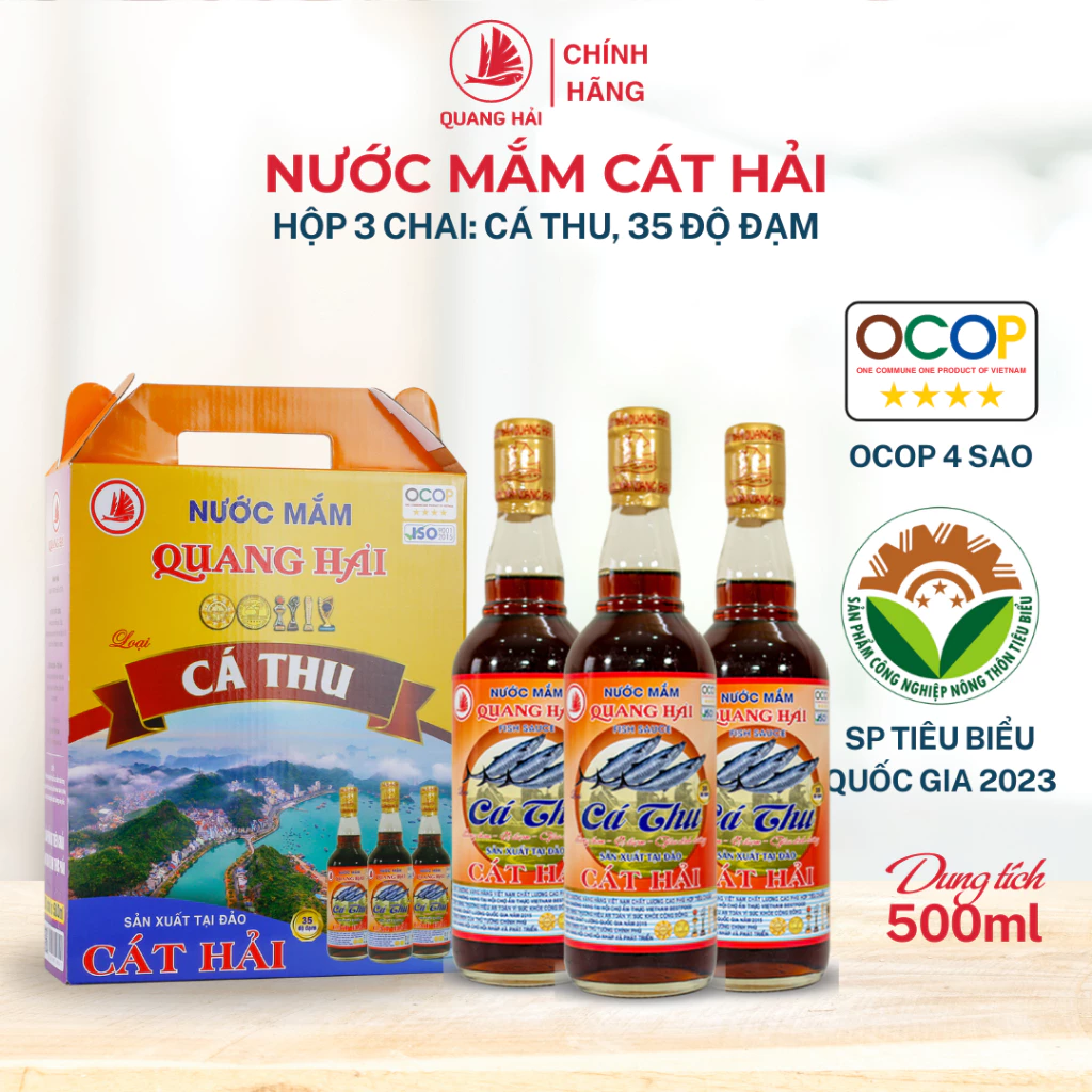 Nước Mắm Cá Thu Cát Hải Quang Hải 35 Độ Đạm OCOP 4 Sao Hộp 3 Chai 500ml Nước Mắm Truyền Thống Quà Biếu