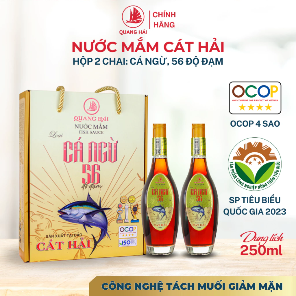 Nước Mắm Cá Ngừ Cát Hải Quang Hải 56 Độ Đạm OCOP 4 Sao Hộp 2 Chai Thủy Tinh 250ml Nước Mắm Cao Đạm