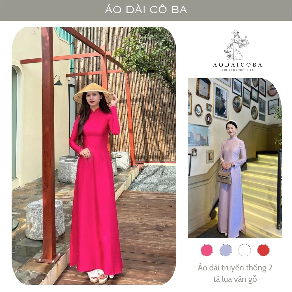 Áo dài truyền thống lụa vân gỗ đính ngọc viền tà sang trọng, tôn dáng - Áo dài cô ba