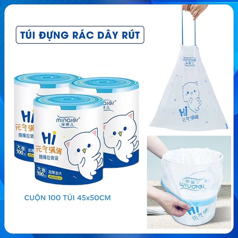 Cuộn 100 Túi Đựng Rác Tự Phân Hủy Có Dây Rút Chịu Lực Tốt, Không Gỉ Nước