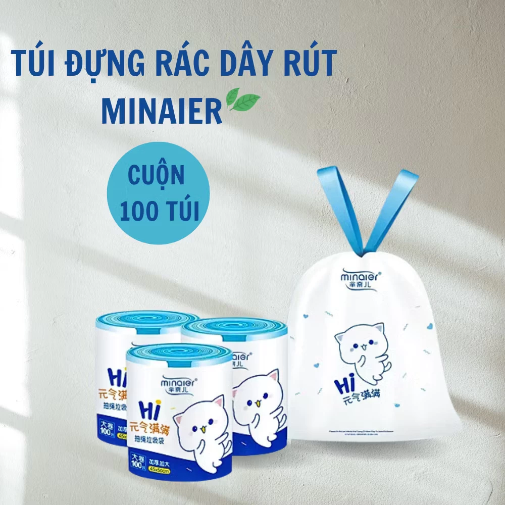 Cuộn 100 Túi Đựng Rác Minaier Tự Phân Hủy Có Dây Rút Chịu Lực Tốt, Không Gỉ Nước -BA999