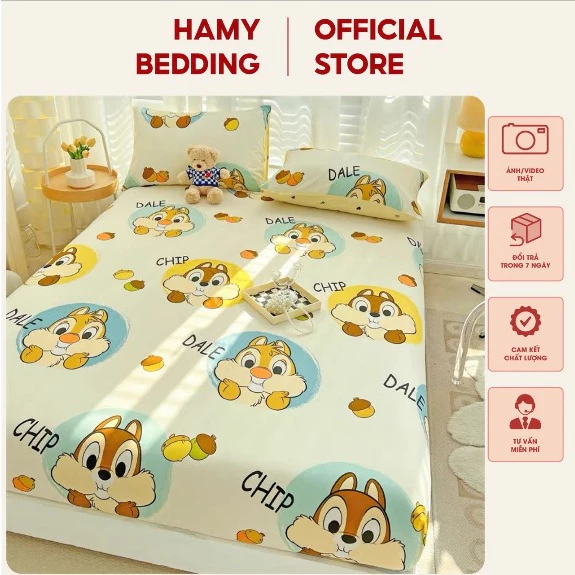 Bộ ga gối 3 món sóc nâu cute hamybedding , drap bọc đệm kích thước 1m6x2m , 1m8x2m
