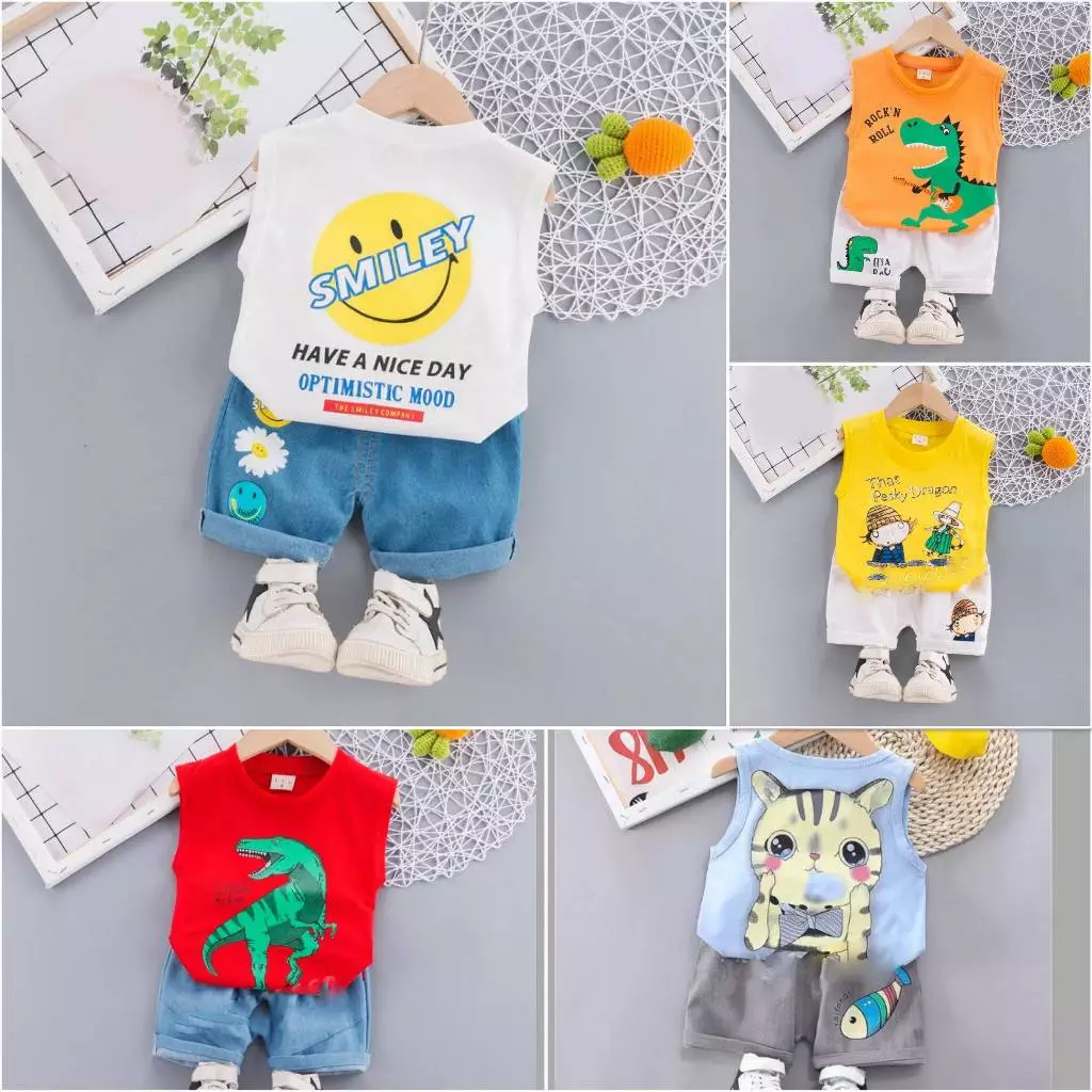 Bộ ba lỗ hè bé trai (Set khủng long) hàng cotton 4c cho bé 5-20kg