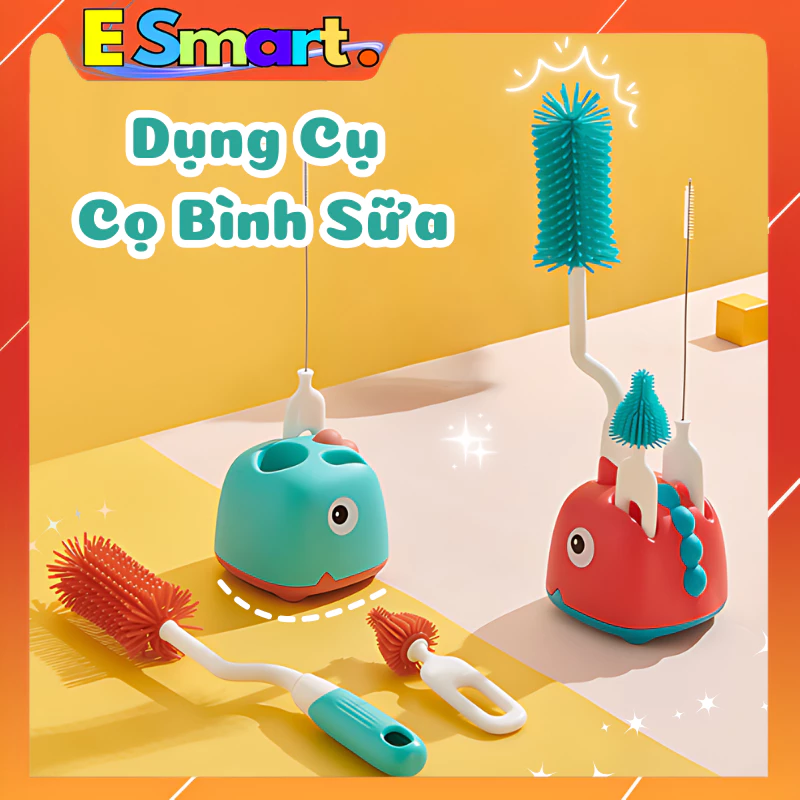 Bộ Dụng Cụ Cọ Bình Sữa Silicon Khủng Long Cho Bé Có Khay Hứng Nước Và Tay Cầm Xoay 360 Độ Thích Hợp Mọi Loại Bình Sữa