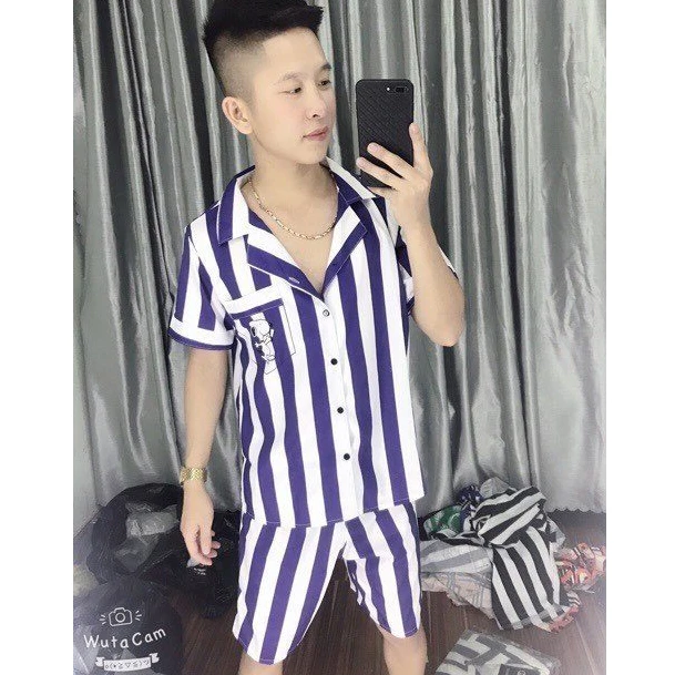 Bộ Đồ Ngủ Tay Cộc Quần Đùi Kẻ Phù Hợp Nữ Cả Nam R64