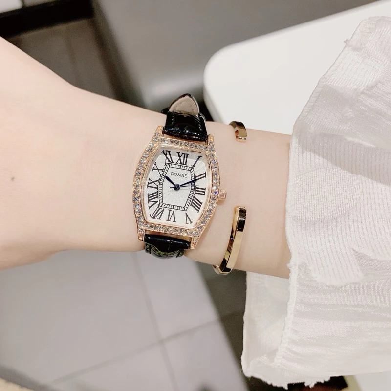Đồng Hồ Nữ Gossie Bầu Đá Vân Tía Dây Da Gương Cao Cấp