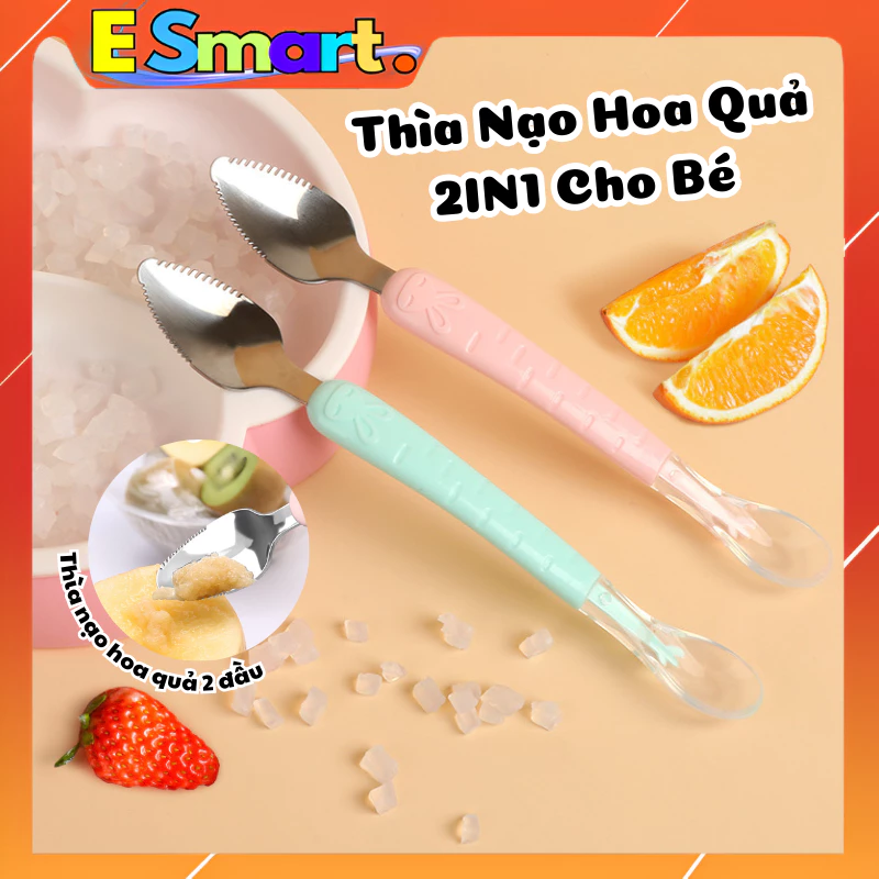 Muỗng Thìa Nạo Hoa Quả, Rau Củ 2 Đầu Ăn Dặm Cao Cấp Cho Bé Chất Liệu Inox Không Gỉ, Thân Silicon Có Hộp An Toàn Tiện Lợi