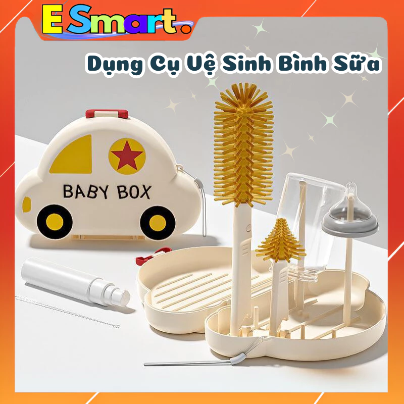 Dụng Cụ vệ Sinh Bình Sữa 6in1 Gấp Gọn Hình Ô Tô Cho Bé Kháng Khuẩn Tích Hợp Giá Úp Bình Sữa Tiện Lợi Mang Đi Du Lịch