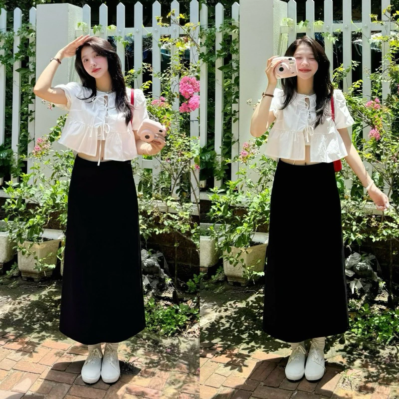 (ẢNH OLDSCHOOL) Chân váy đen dáng dài form midi co dãn