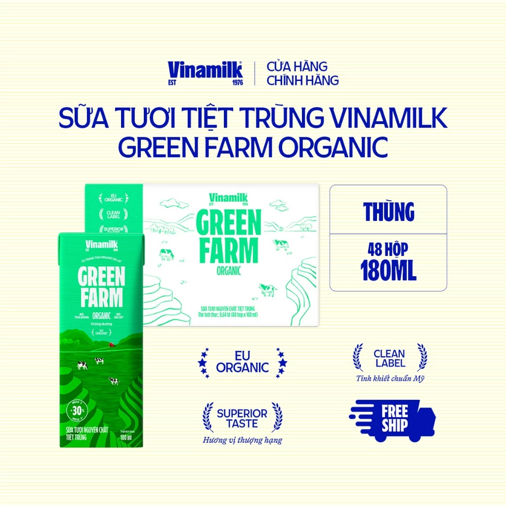 Thùng 48 hộp Sữa Tươi Tiệt Trùng Vinamilk Green Farm Organic 180ml