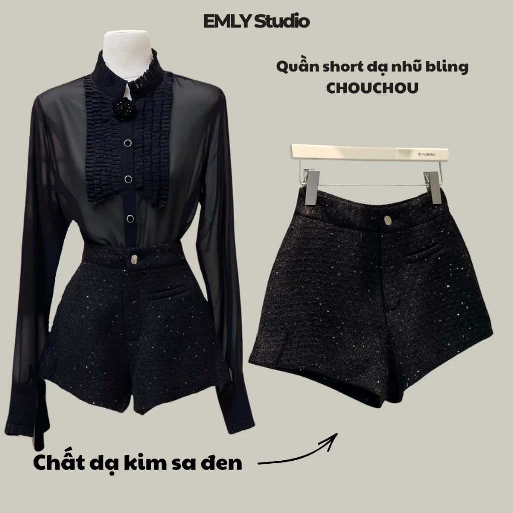 EMLY - Quần Short Dạ Nhũ Bling CHOUCHOU, Quần Dạ Nữ (TWEED) Quần Đùi Đính Kim Tuyến Cao Cấp