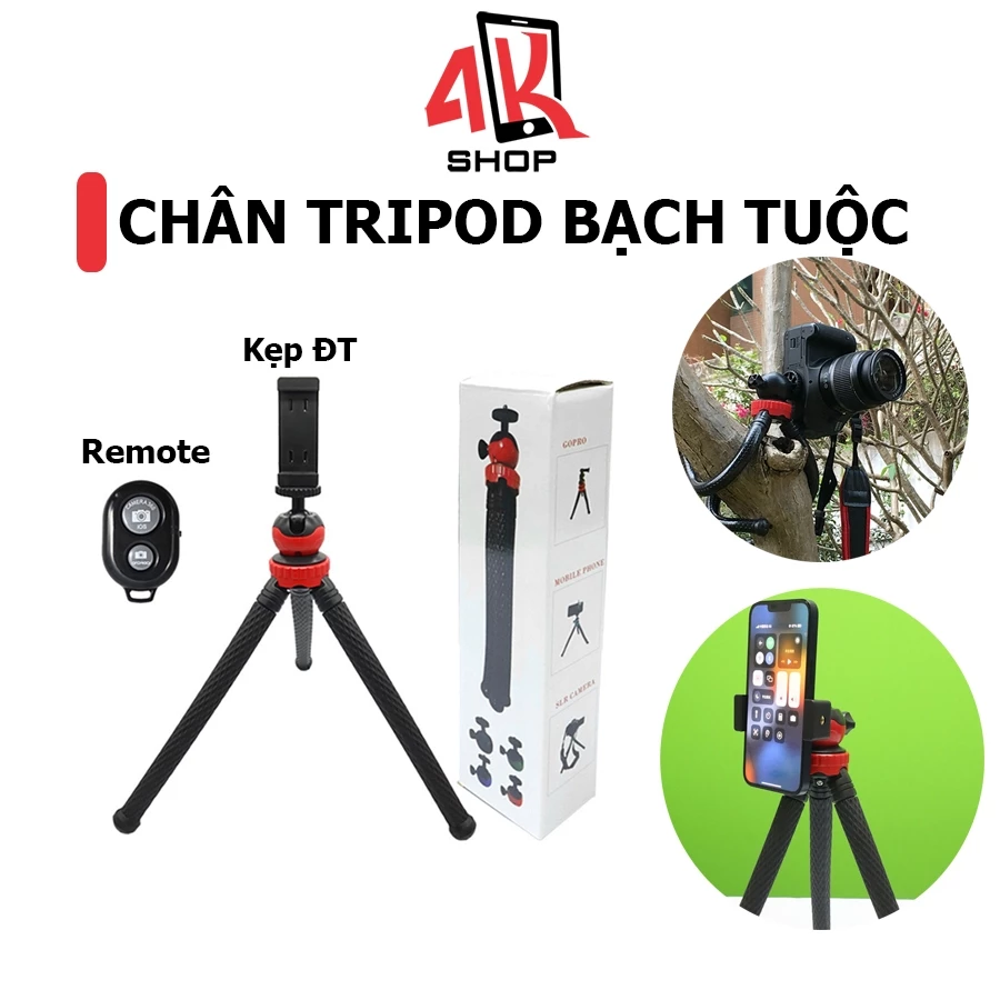 Chân bạch tuộc  Tặng kẹp điện thoại, Đầu Bi xoay 360 độ Remote Bluetooth hợp kim chắc chắn
