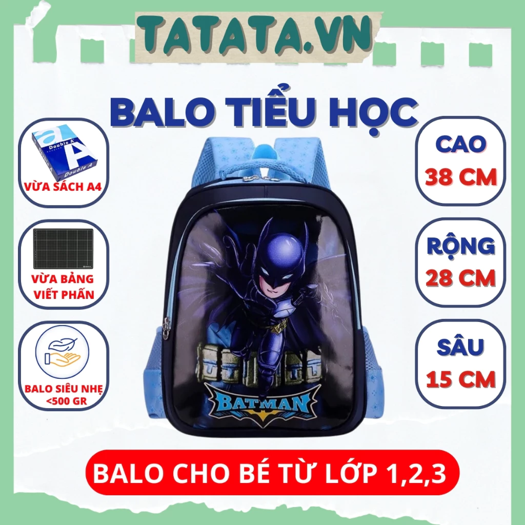 Balo cho bé BAT MAN ,Ba lô học sinh tiểu học bé trai bé gái lớp 1 đến lớp 3 TATA6