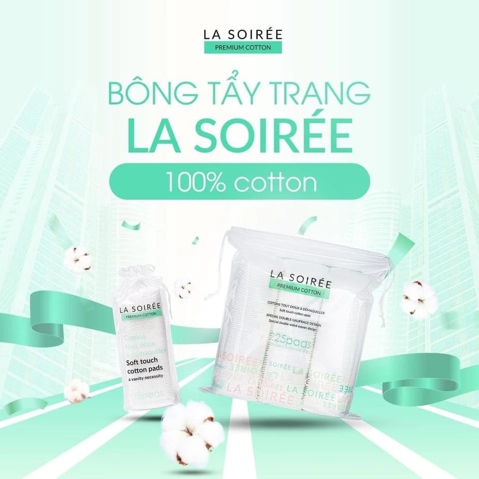 Bông tẩy trang La Soirée 100% cotton tự nhiên vuông tròn 85 miếng, 120 miếng và 225 miếng