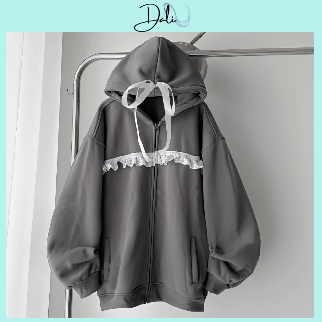 Áo Khoác Nỉ Hoodie Lót Lông Phối Viền Ren Đính Nơ Form Dáng Rộng Unisex