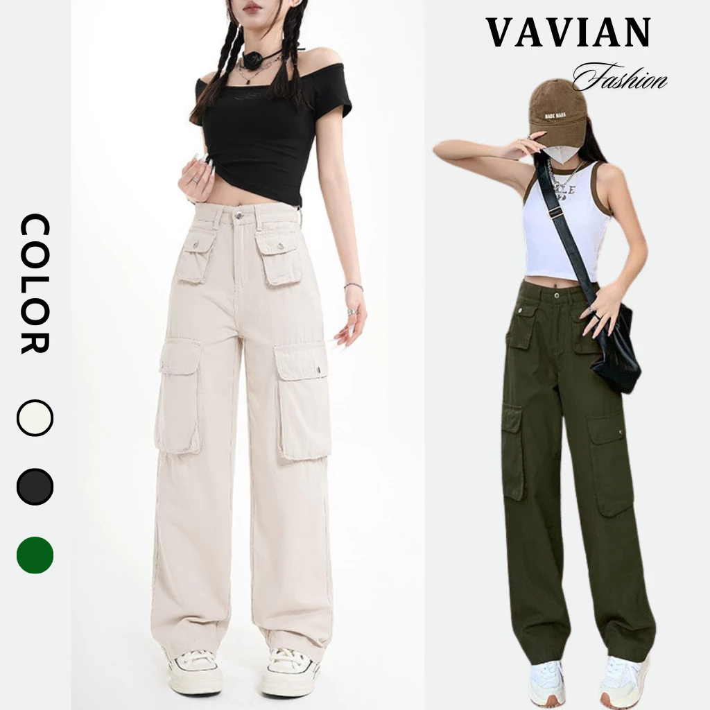 Quần Kaki túi hộp ống rộng, quần jean ống đứng dáng suông nữ cạp cao, quần Cargo Rocky kaki dài nữ siêu cá tính