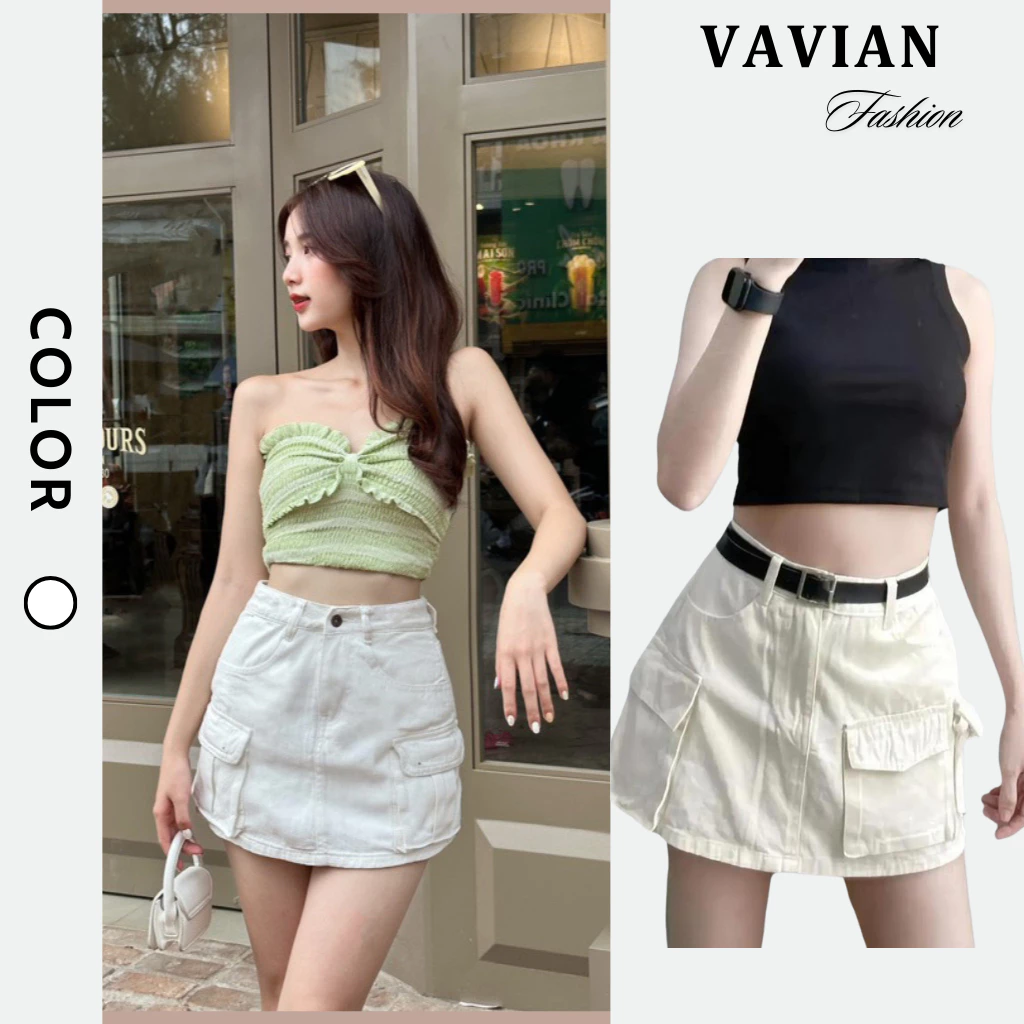 Chân Váy ngắn túi hộp Y2K denim, chân váy jean kaki mềm mịn có lót trong chất vải dày dặn MÀU TRẮNG túi tròn, túi thêu