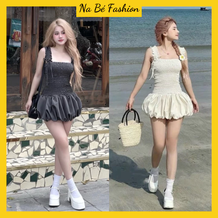 Đầm babydoll tiểu thư dáng bí chun thân buộc nơ dây, váy 2 tiểu thư dáng bí kèm quần bảo hộ rời