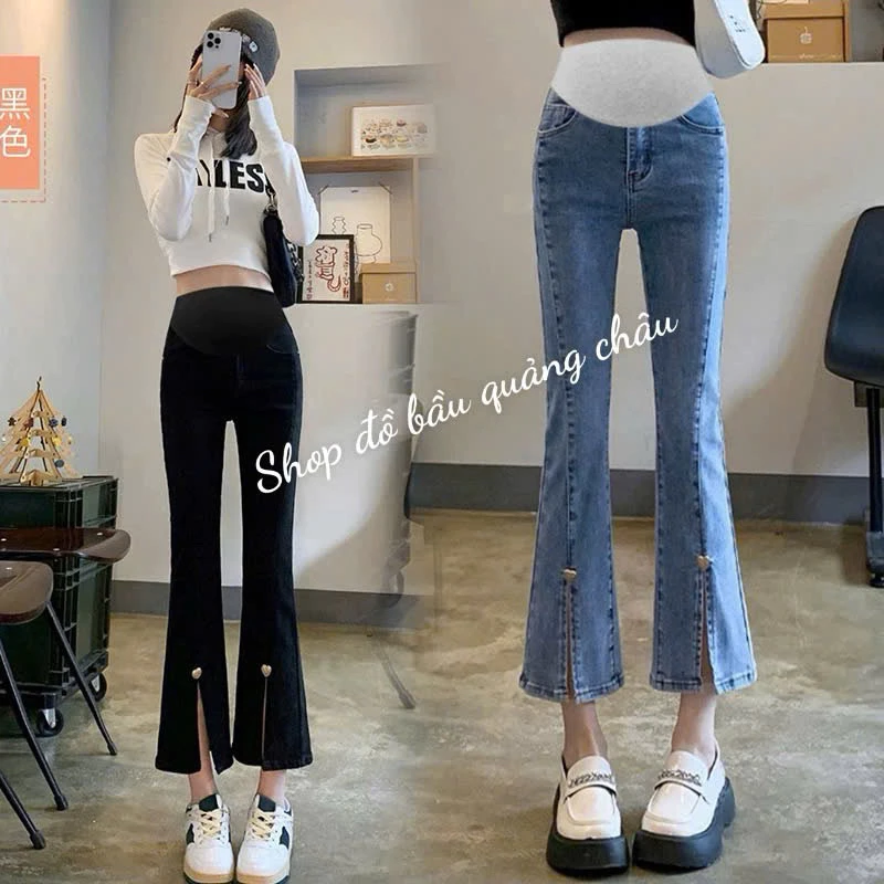 Quần jean bà bầu, quần bầu ống loe xẻ tà trước siêu đẹp ( hàng qccc)