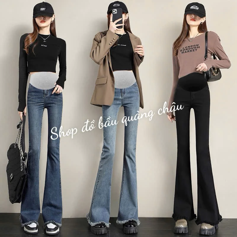 Quần jeans bầu ống loe form dài phối tua rua siêu xinh( dài 103-106) bao chân dài miên man cho mẹ bầu mình nha😜