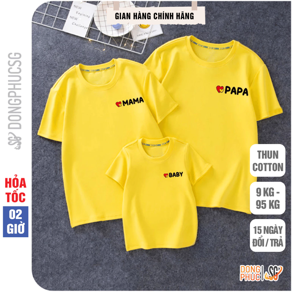 Áo thun gia đình 3/4/5 người đồ đồng phục giá rẻ chất cotton mềm mịn phông màu vàng GD316VD