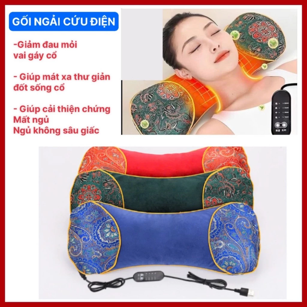 Gối ngải cứu cắm điện giúp giảm đau mỏi vai gáy, Gối ngải cứu điện, Gối mát xa thảo dược