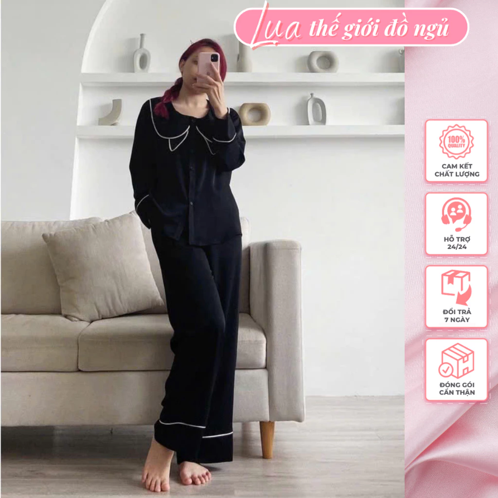 Bộ đồ ngủ pijama 💥 HÀNG CAO CẤP 💥 Đồ ngủ chất lụa dài tay hàng thiết kế phối nơ xinh xắn