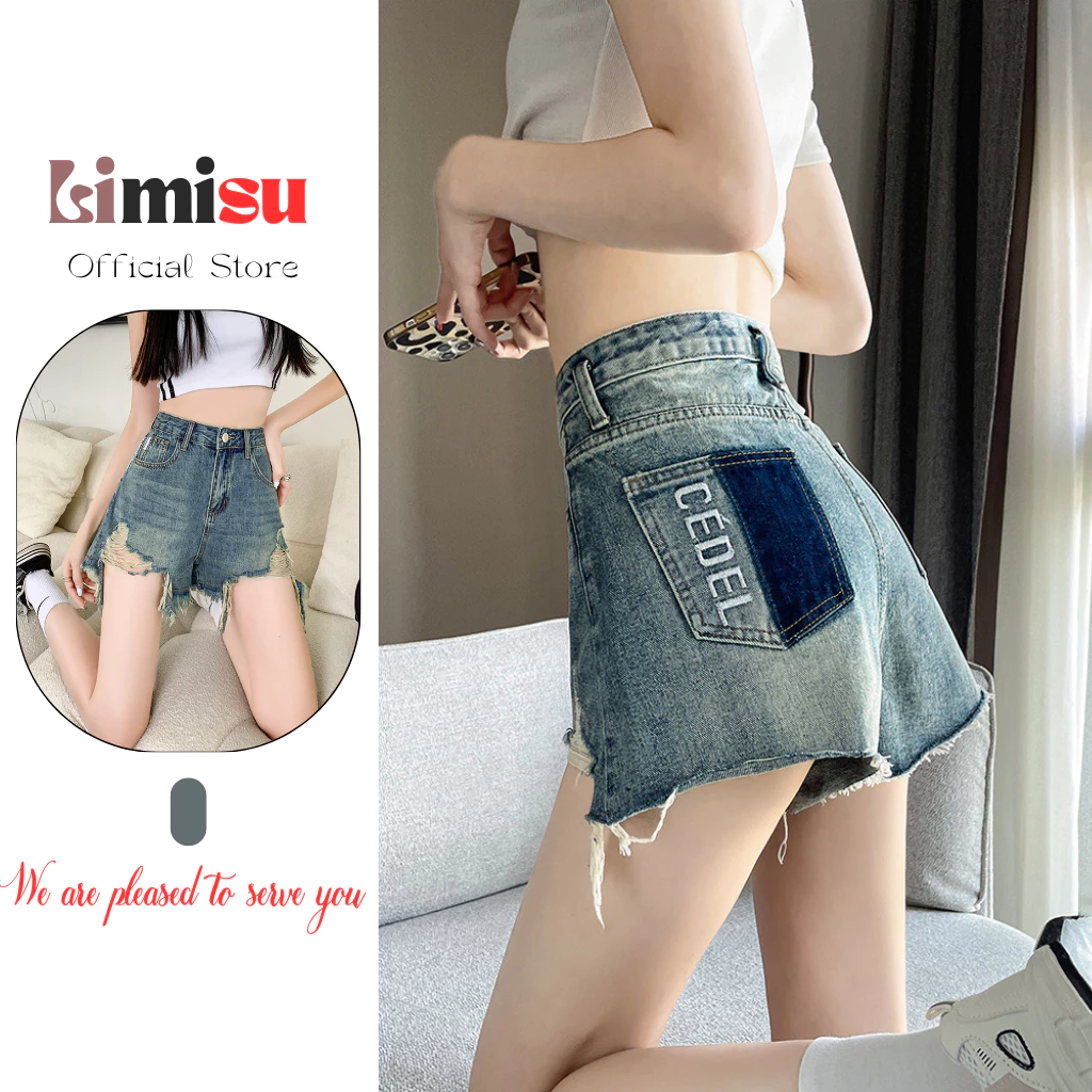 Quần short nữ bò rách cạp cao LIMISU quần jean short rách trắng ngắn tua rua chất jean bò denim
