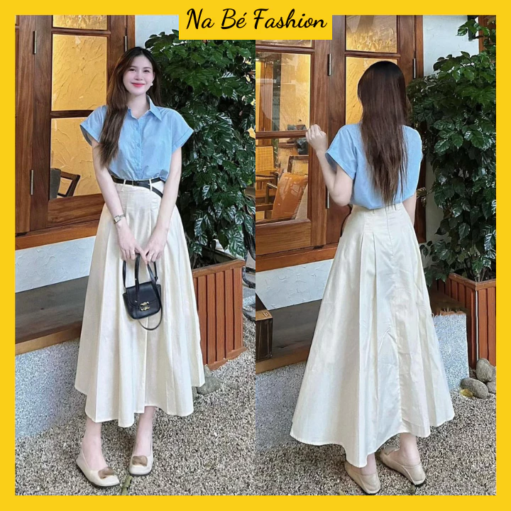 Set đồ nữ - Set Áo sơ mi nữ kèm Chân váy xòe dáng dài mix Đai lưng phong cách tiểu thư thanh lịch