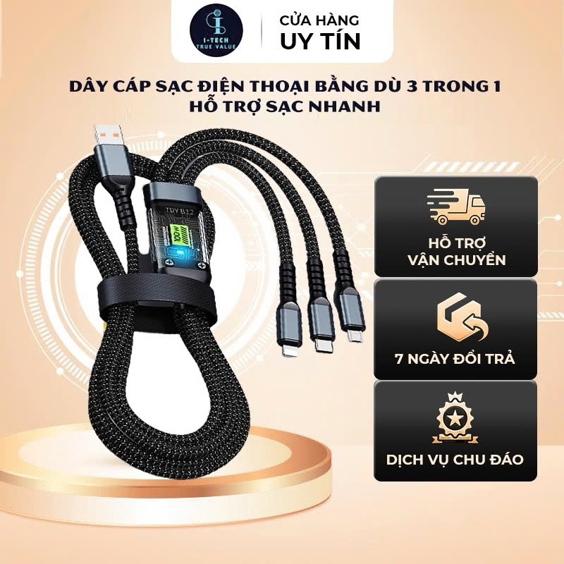 Cáp Sạc Nhanh 3 Trong 1 Aromax 100W Dây Dù Bện Có Màn Hình LED Hiển Thị Công…