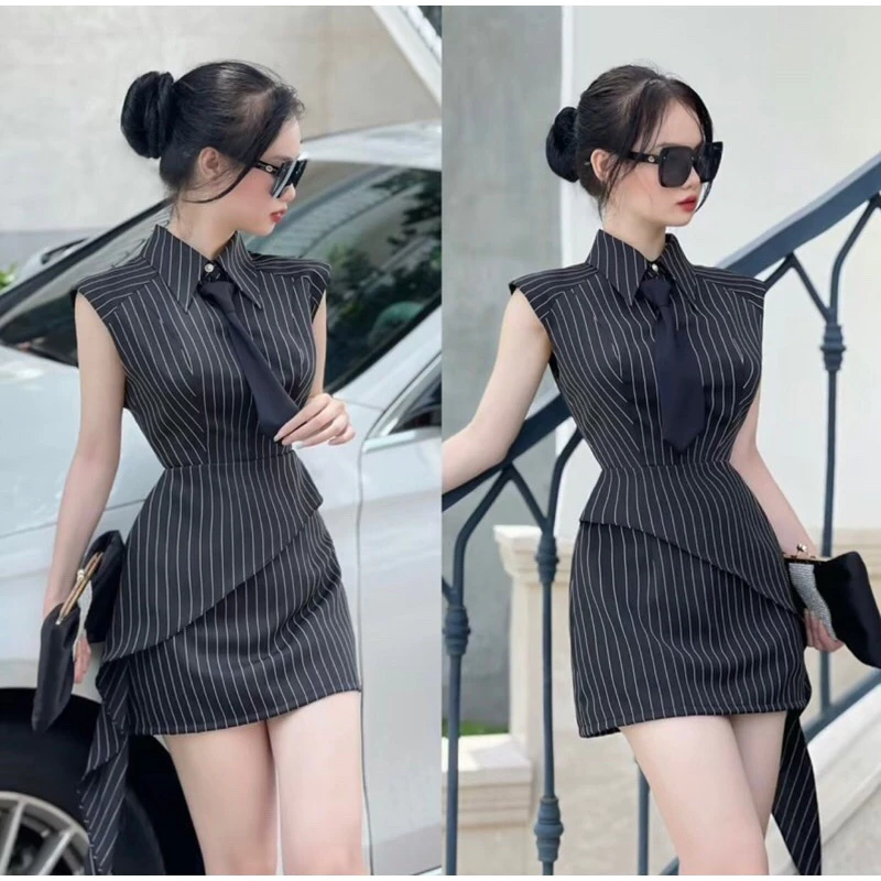 Đầm đi tiệc, đi chơi 2 lớp, Đầm Váy Kẻ Thiết Kế Cổ Sơ Mi Sát Nách Kèm Cavat Sang Chảnh Cho Nàng- XM Minh Phúc