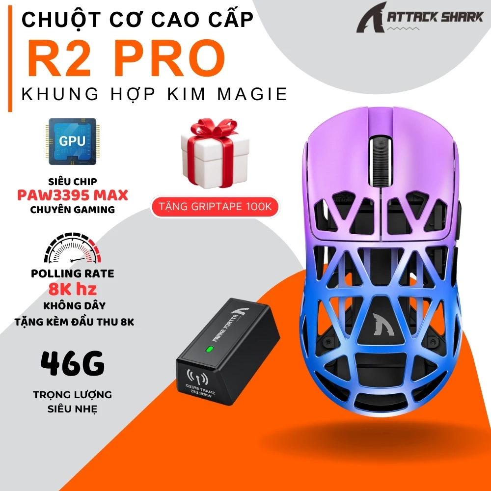 Chuột Không Dây Cao Cấp Attack Shark R2 Chip Thế Hệ Mới PAW3950 MAX, Polling Rate 8K, App Tùy Chỉnh