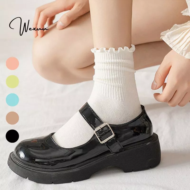 Tất nữ đen trắng cổ bèo WEXUU chất cotton co giãn thoáng khí màu trơn basic dễ phối đồ - T27