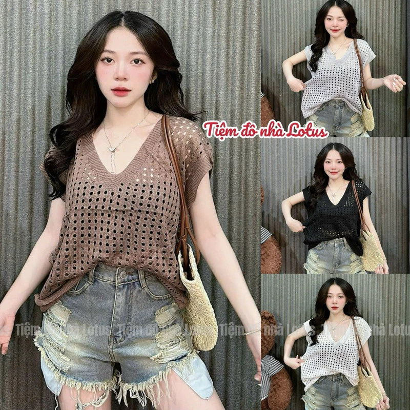 Áo len cổ chữ V dành cho nữ thiết kế lỗ mặc mùa hè thoáng mát ( không kèm lót) - Tiệm đồ nhà Lotus