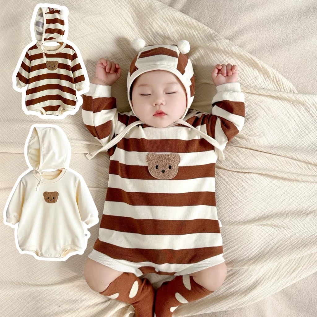 Bodysuit Body chip dài tay kèm mũ vải cotton da cá 4 chiều cho bé trai bé gái Áo liền quần Chip Logo Gấu ngực SLT144