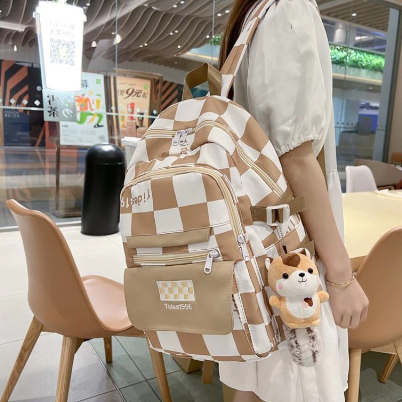 Balo đi học màu trà sữa siêu xinh vải poly mềm kẻ Caro Sức Chứa Lớn nhiều ngăn đựng laptop 16inch(KHÔNG phụ kiện)