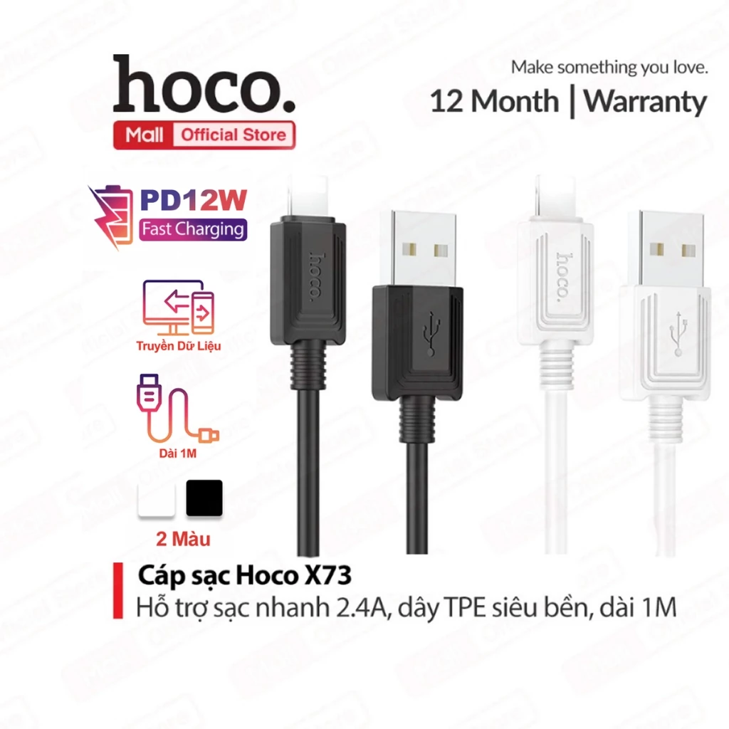 Cáp sạc Hoco X73 USB to IP PD12W hỗ trợ truyền dữ liệu dùng cho ip7/8/X/11/12/13/14 dây dẻo siêu bền dài 1M