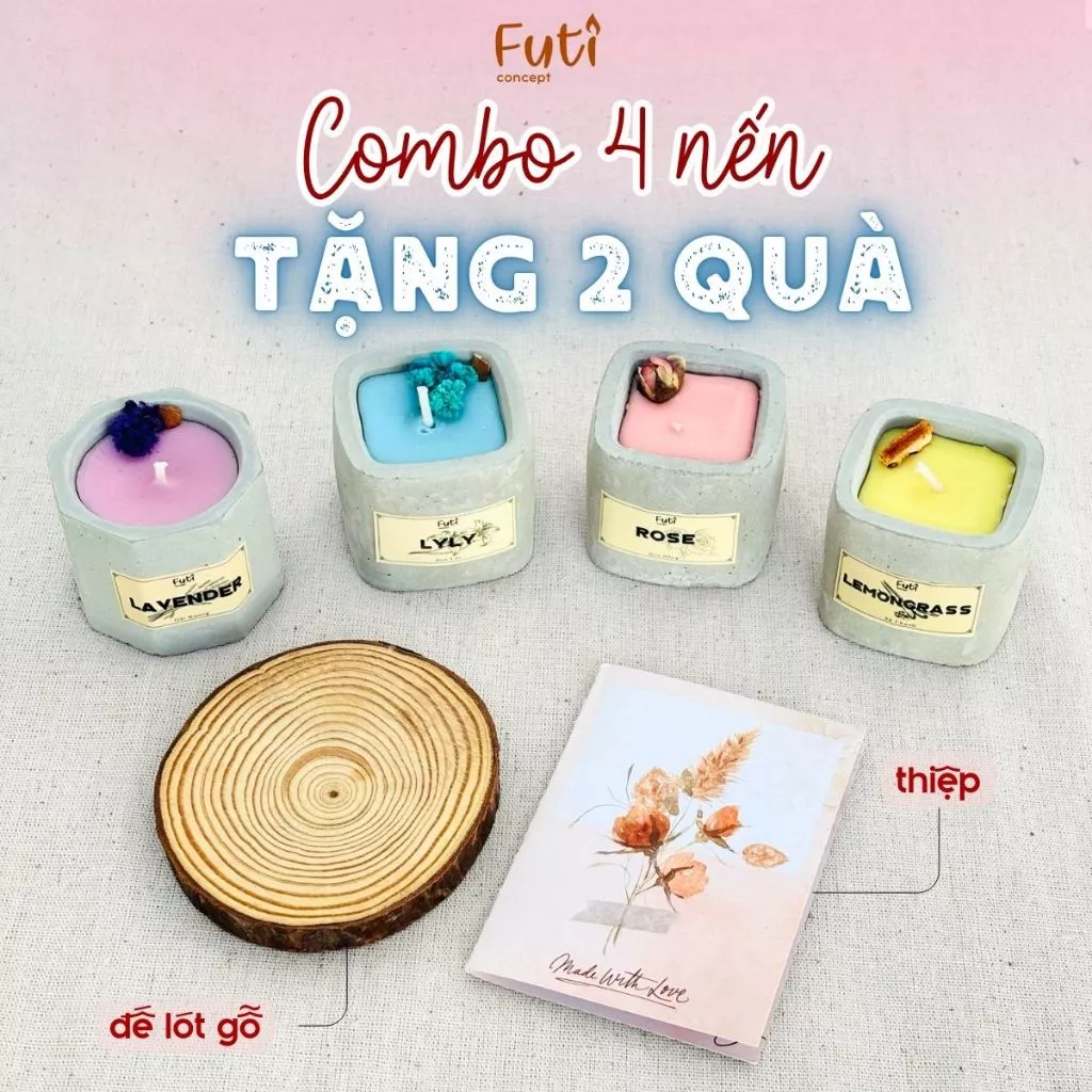 Combo 4 Nến Thơm Tặng Đế Lót Gỗ, Thiệp Handmade - Nến Mini Cốc Xi Măng Vintage