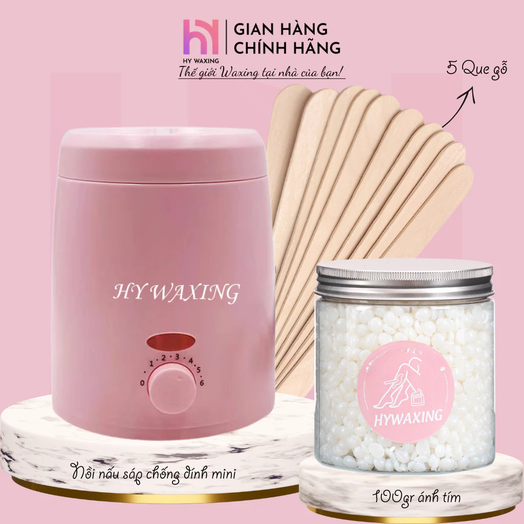[TẶNG CHÉN SILICON] Combo 100gr Sáp Ánh Tím Premium + Nồi Nấu Sáp Wax Lông Chống Dính Mini HY WAXING Tặng Que