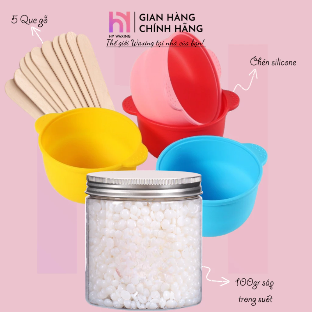 [CHE TÊN] Combo 100gr Sáp Trong Suốt + Chén Silicone Nấu Sáp Wax Lông Chống Dính HY WAXING Tặng Que