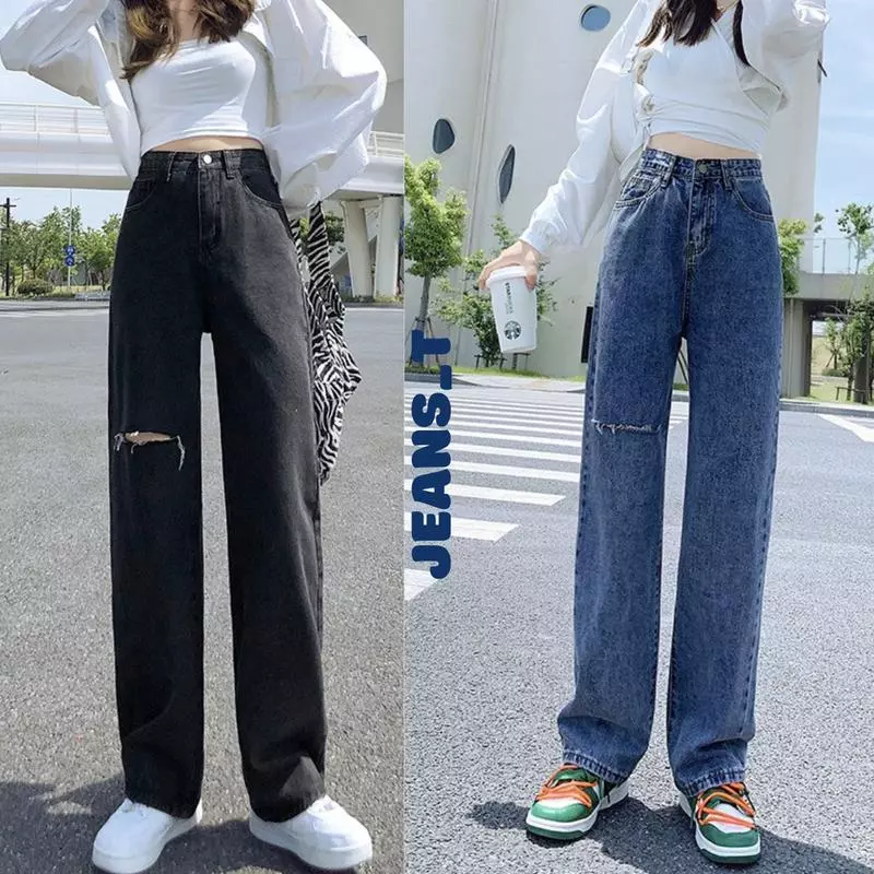 Quần Jean Nữ Ống Rộng Lưng Cao Rách Gối Phải Pants Women Ong